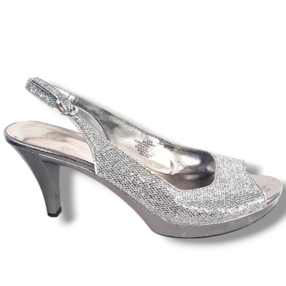 Nine West Silver Glitter Slingback Heels